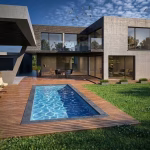 Modern havuzlu villada yatay mimari kurgu ve geniş cam yüzeyler