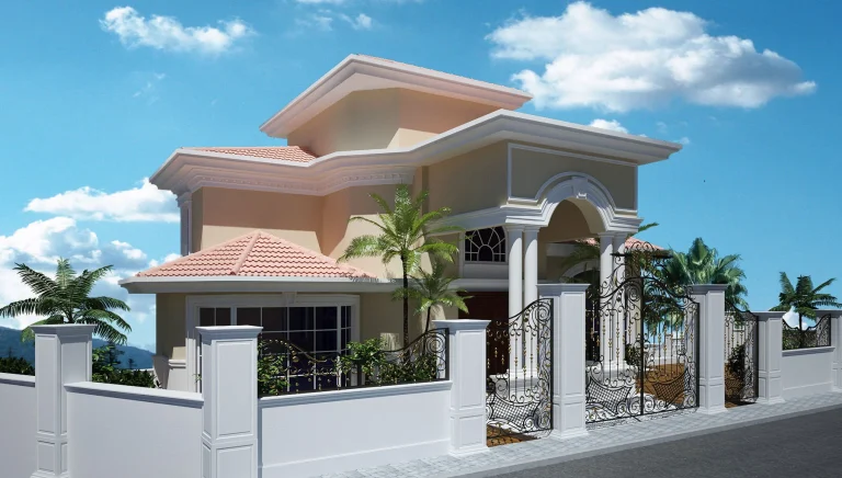 Kemerli girişe ve bahçe duvarına sahip iki katlı villa dış cephesi