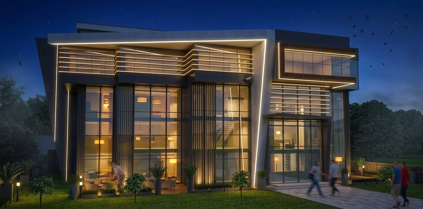 Gece aydınlatmasında geniş cam cepheli modern iş merkezi tasarımı