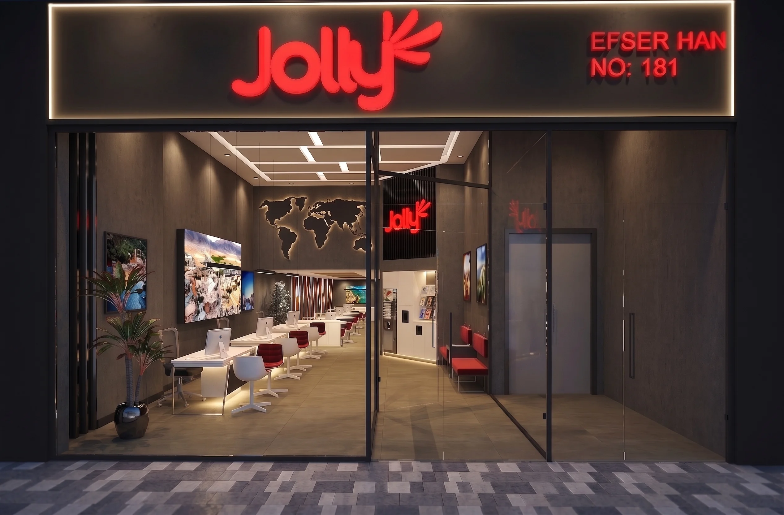 Jolly Tur Harbiye ofisinin cam cepheli girişi ve iç mekânı